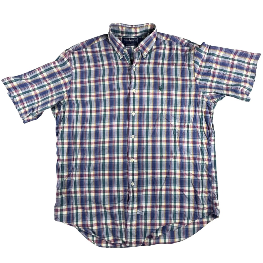 Ralph Lauren Button Down Shirt Mens L Blue Plaid Short Sleeve Hand Woven Cotton - Picture 2 of 9